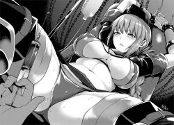 Rule 34 | 1girl, arms up, bdsm, bikini, blush, bound, breasts, chain, cleavage, commentary request, covered erect nipples, fate/grand order, fate (series), florence nightingale (fate), florence nightingale (trick or treatment) (fate), from below, greyscale, hat, intravenous drip, large breasts, layered bikini, monochrome, navel, nurse cap, official alternate costume, restrained, sidelocks, sitting, solo focus, spread legs, stethoscope, stomach, sweat, swimsuit, syringe, thighs, yuuki shin
