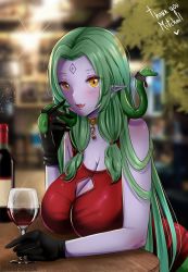 Rule 34 | 1girl, black gloves, blurry, blurry background, breasts, cleavage, colored skin, commission, cup, dress, drinking glass, echidna (monster girl encyclopedia), gloves, green hair, highres, lamia, large breasts, long hair, monster girl, monster girl encyclopedia, noiretox, orange eyes, purple skin, red dress, snake hair, solo, table, wine glass