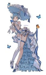 Rule 34 | 1girl, absurdres, alternate costume, blue hair, blunt bangs, blush, bow, breasts, bug, butterfly, dress, earrings, frilled dress, frills, full body, garter straps, girls&#039; frontline, gloves, gompang, high heels, highres, holding, insect, jewelry, orange eyes, parasol, ribbon, simple background, single thighhigh, solo, thighhighs, umbrella, wedding, wedding dress, white background, white dress, white footwear, white gloves, white thighhighs, zas m21 (girls&#039; frontline)