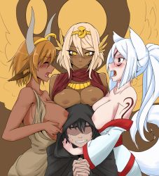 Rule 34 | 1boy, 3girls, amaterasu (ookami), animal ears, bad deviantart id, bad id, bare shoulders, blonde hair, blush, breast rest, breasts, breasts on head, breasts out, brown hair, clenched teeth, closed eyes, colored skin, dark skin, egyptian mythology, embarrassed, faceless, faceless male, facial mark, fangs, feathers, girl sandwich, harem, hathor, horns, inverted nipples, japanese mythology, large breasts, less, long hair, monster girl, multiple girls, nervous sweating, nipples, no bra, off shoulder, open mouth, original, ponytail, praying, ra (egyptian mythology), ra (mythology), red eyes, red skin, sandwiched, shaded face, short hair, simple background, skirt, sweat, tail, tattoo, teeth, white hair, wolf ears, wolf tail, yellow eyes