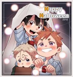 Rule 34 | 2018, 3boys, :d, absurdres, ahoge, black hair, blonde hair, blue shirt, book, brown hair, child, collared shirt, commentary request, happy halloween, highres, holding, holding book, kiyui (made in abyss), looking at viewer, made in abyss, male focus, multiple boys, natt (made in abyss), open mouth, parted lips, purple eyes, red eyes, shiggy (made in abyss), shirt, short hair, short sleeves, smile, usuki (usukine1go), whistle, wing collar