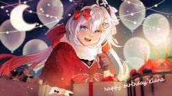 1girl balloon birthday black_gloves black_hat blush bow commentary english_commentary food gloves hair_between_eyes hair_bow hair_ornament happy_birthday hat heart heart_hair_ornament highres honkai_(series) honkai_impact_3rd kiana_kaslana kiana_kaslana_(don_quijote) long_sleeves looking_at_viewer mofumanju night red_bow smile solo white_hair x_hair_ornament