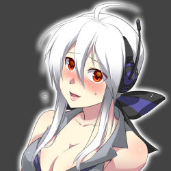 Rule 34 | 1girl, bare shoulders, blush, bow, breasts, caffein, cleavage, hair bow, headphones, headset, highres, large breasts, lips, long hair, looking at viewer, open mouth, ponytail, red eyes, solo, sweatdrop, very long hair, vocaloid, white hair, yowane haku