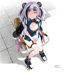 Rule 34 | 1girl, animal ears, arknights, bare legs, black footwear, black hair, blue dress, blush, breasts, chair, china dress, chinese clothes, cleavage, cleavage cutout, clothing cutout, coffee cup, commentary request, cup, dated, disposable cup, dress, eyewear on head, feater (arknights), from above, hair over one eye, highres, holding, holding cup, jacket, jacket on shoulders, large breasts, leg belt, long hair, long sleeves, looking at viewer, multicolored hair, panda ears, pink eyes, purple-tinted eyewear, raglan sleeves, round eyewear, shoes, short dress, signature, silver hair, smile, solo, streaked hair, sunglasses, sunglasses on head, thighs, tinted eyewear, weshika, white jacket