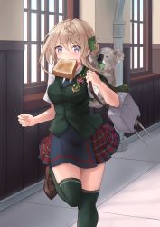 Rule 34 | 1girl, 1other, badge, blonde hair, blouse, blue neckwear, blue skirt, braid, braided bangs, braided bun, bread slice, brown footwear, cape, commentary request, eating, food, food in mouth, green cape, green thighhighs, green vest, hair bun, highres, indoors, k jie, kantai collection, koala, leg up, loafers, machinery, mouth hold, necktie, perth (kancolle), plaid, plaid skirt, pleated skirt, school uniform, searchlight, shirt, shoes, short hair, short sleeves, skirt, thighhighs, toast, toast in mouth, vest, white shirt