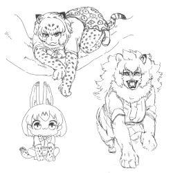 Rule 34 | 3girls, :3, afei (sfma3248), all fours, animal ears, animal print, between legs, bow, bowtie, branch, chibi, claws, elbow gloves, fangs, fur collar, gloves, greyscale, hand between legs, highres, in tree, kemono friends, leopard (kemono friends), leopard ears, leopard print, leopard tail, lion (kemono friends), lion ears, lion girl, long hair, looking at viewer, looking down, monochrome, multiple girls, neckerchief, open mouth, serval (kemono friends), serval print, sharp teeth, short hair, short sleeves, sitting, sitting in tree, skirt, smile, squatting, tail, teeth, traditional bowtie, tree