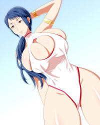 Rule 34 | 1girl, 286c, armband, blue hair, bracelet, breasts, cleavage, cleavage cutout, clothing cutout, fire emblem, fire emblem fates, gold, gradient background, highres, huge breasts, jewelry, mature female, nintendo, nipple slip, nipples, one-piece swimsuit, orange eyes, ponytail, reina (fire emblem), scar, smile, solo, swimsuit, thick thighs, thighs