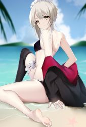 Rule 34 | 1girl, absurdres, artoria pendragon (all), artoria pendragon (alter swimsuit rider) (fate), artoria pendragon (fate), back, bare back, bare legs, bare shoulders, barefoot, beach, bikini, black bikini, black jacket, black thighhighs, blonde hair, blurry, blurry background, breasts, closed mouth, clothes pull, fate/grand order, fate (series), feet, from side, full body, hand on floor, highres, jacket, jacket pull, legs, light blush, looking at viewer, maid headdress, medium hair, ocean, official alternate costume, on floor, open clothes, open jacket, saber alter, sideboob, sidelocks, single thighhigh, small breasts, soles, solo, swimsuit, thighhighs, thighs, toes, yanwulazy, yellow eyes