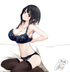 Rule 34 | 1girl, bare shoulders, bed sheet, black hair, black thighhighs, blush, bra, breasts, character name, cleavage, collarbone, kantai collection, large breasts, lingerie, long hair, looking at viewer, navel, panties, red eyes, rizzl, short hair, signature, sitting, solo, takao (kancolle), thighhighs, underwear, underwear only, white background