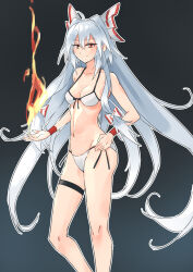 Rule 34 | 1girl, absurdres, ahoge, bikini, black background, bow, breasts, cleavage, closed mouth, feet out of frame, fire, fujiwara no mokou, gradient background, grey hair, groin, hair bow, highres, kakaricho dairi, long hair, looking at viewer, medium breasts, red eyes, solo, swimsuit, thigh strap, touhou, very long hair, white bikini, white bow, wristband