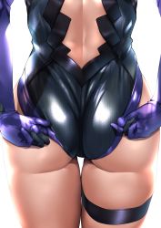 Rule 34 | 1girl, adjusting clothes, adjusting leotard, ass, ass focus, back cutout, black leotard, cameltoe, close-up, clothing cutout, commentary request, elbow gloves, fate/grand order, fate (series), from behind, gloves, highres, leotard, leotard pull, lower body, mash kyrielight, nonohachi, pulled by self, simple background, skindentation, solo, standing, thigh strap, wedgie, white background