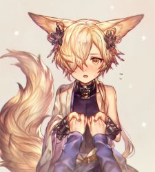 Rule 34 | 1boy, animal ears, blonde hair, blush, collar, commentary request, cuffs, erune, fox ears, fox tail, granblue fantasy, hair ornament, hair over one eye, holding hands, kou (granblue fantasy), looking at viewer, low ponytail, male focus, nail polish, open mouth, pov, pov hands, shigaraki (strobe blue), short hair with long locks, simple background, single bare shoulder, solo focus, tail, yellow eyes