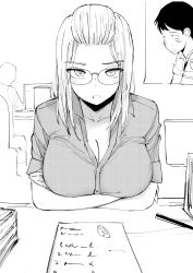 Rule 34 | 1boy, 1girl, absurdres, bangs pinned back, blush, breast press, breast rest, breasts, cleavage, commentary, crossed arms, desk, english commentary, glasses, highres, indoors, inne sulistya robin, large breasts, long hair, monochrome, norman maggot, original, shirt, sweatdrop, teacher, test paper, test score