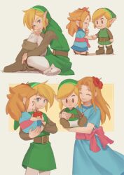 Rule 34 | 1boy, 1girl, belt, blonde hair, blush, boots, brown belt, brown footwear, cowboy shot, dress, flower, food, frown, fruit, green dress, green headwear, green tunic, grey pants, hair flower, hair ornament, highres, holding, holding food, holding fruit, holding hands, instrument, ivy (sena0119), jewelry, knee boots, link, long hair, looking at another, marin (zelda), necklace, nintendo, ocarina, pants, parted bangs, red flower, short sleeves, sitting, smile, the legend of zelda, the legend of zelda: link&#039;s awakening, toon link