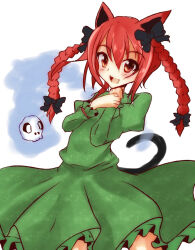 Rule 34 | 1girl, :d, animal ears, atory, black bow, bow, braid, breasts, cat ears, cat tail, commentary request, cowboy shot, dress, floating skull, frills, green dress, hair between eyes, hair bow, hair ribbon, hands up, hitodama, juliet sleeves, kaenbyou rin, long hair, long sleeves, looking at viewer, open mouth, petticoat, puffy sleeves, red eyes, red hair, ribbon, simple background, slit pupils, small breasts, smile, solo, tail, touhou, tress ribbon, twin braids, white background