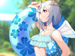 Rule 34 | 1girl, amane kanata, angel wings, arm up, ball, bare arms, bare shoulders, beachball, bikini, blue eyes, blurry, blurry background, bob cut, closed mouth, collarbone, colored inner hair, commentary request, depth of field, feathered wings, floral print, frilled bikini, frills, from side, hair between eyes, hair ornament, halo, hibiscus print, holding, holding swim ring, hololive, innertube, mikan (chipstar182), multicolored hair, outdoors, short hair, single hair intake, smile, solo, spaghetti strap, star halo, swim ring, swimsuit, upper body, virtual youtuber, white hair, white wings, wings