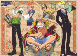 Rule 34 | 1girl, 4boys, black hair, blonde hair, eating, fish, food, green hair, hat, meat, monkey d. luffy, multiple boys, nami (one piece), official art, one piece, red hair, roronoa zoro, sanji (one piece), slingshot (weapon), straw hat, tagme, treasure, treasure chest, usopp