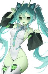 1girl 1iwaly absurdres animal_ears cat_ears cat_girl colored_skin commentary detached_sleeves glorpi_miku_(dyarikku) green_skin hatsune_miku highres leotard paw_pose smile thighhighs twintails vocaloid