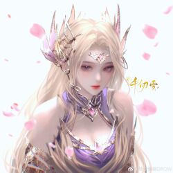 Rule 34 | 1girl, absurdres, artist request, bare shoulders, beads, blonde hair, blue dress, blue eyes, breasts, cleavage cutout, clothing cutout, douluo dalu, dress, expressionless, falling petals, glitter makeup, hair ornament, highres, medium breasts, petals, qian renxue (douluo dalu), second-party source, solo, strapless, strapless dress, upper body, white background