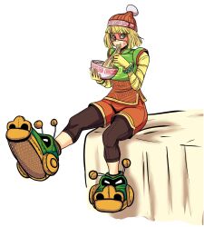 Rule 34 | 1girl, absurdres, arms (game), artist request, beanie, blonde hair, blunt bangs, blush, bowl, bracelet, domino mask, eating, food, hat, highres, jewelry, leggings, leggings under shorts, mask, min min (arms), nintendo, noodles, pantyhose, ramen, shorts, sitting, slippers, solo, source request