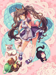 Rule 34 | &gt; &lt;, 1girl, animal ears, backpack, bag, blue eyes, blush, brown eyes, brown hair, cat, cat ears, collar, collared dress, dress, closed eyes, frilled dress, frilled socks, frills, full body, heart, lace background, leaning forward, long hair, looking at viewer, looking up, mary janes, nyangnyang, open mouth, original, pink background, purple dress, purple footwear, shoes, short sleeves, socks, solo, twintails, very long hair, white socks, wing collar, yarn, yarn ball