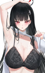 Rule 34 | 1girl, arm up, armpits, black bra, black hair, blue archive, blunt bangs, blush, bra, breasts, bright pupils, cleavage, clothes lift, collarbone, floral print, hair ornament, hairclip, halo, highres, large breasts, lichiko, lifting own clothes, long hair, looking at viewer, nail polish, parted lips, pink nails, red eyes, rio (blue archive), smell, solo, steaming body, sweat, sweater, sweater lift, turtleneck, turtleneck sweater, underwear, upper body, very long hair, white pupils, white sweater