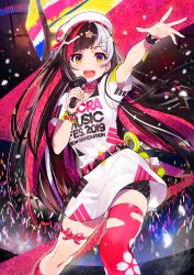 Rule 34 | 1girl, :d, absurdres, arm up, belt, belt buckle, bike shorts, black shorts, blush, brown hair, buckle, clothes writing, collar, dress, glowstick, green eyes, hair ornament, hairclip, highres, holding, holding microphone, long hair, looking at viewer, microphone, mika pikazo, multicolored eyes, multicolored hair, music, official art, open mouth, outstretched arm, pink eyes, pink hair, pink ribbon, pink thighhighs, purple eyes, ribbon, round teeth, sacra-chan, sacra music, short sleeves, shorts, singing, single thighhigh, smile, solo, spread fingers, straight hair, teeth, thigh strap, thighhighs, upper teeth only, very long hair, white dress, white hair, white headwear, wristband