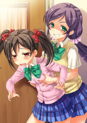 Rule 34 | 10s, 2girls, black hair, blush, bow, grabbing another&#039;s breast, breasts, flustered, gesugao, grabbing, grabbing from behind, green eyes, grin, groping, hair between eyes, hair bow, highres, leaning forward, long hair, love live!, love live! school idol project, low twintails, multiple girls, open mouth, otonokizaka school uniform, pink sweater, purple hair, red eyes, school uniform, scrunchie, shimashima salmon, skirt, small breasts, smile, standing, sweater, tojo nozomi, twintails, wavy mouth, yazawa nico