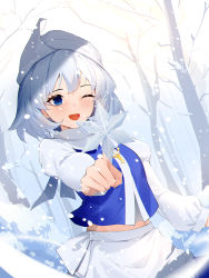 Rule 34 | 1girl, apron, arm up, blue eyes, blue skirt, blue vest, blush, breasts, hair between eyes, hand up, hat, highres, letty whiterock, light, long sleeves, looking to the side, medium breasts, midriff peek, one eye closed, open mouth, puffy long sleeves, puffy sleeves, repoi, ribbon, shadow, shirt, short hair, silver hair, skirt, sky, smile, snow, snowflakes, snowing, solo, sunlight, touhou, tree, vest, white apron, white hat, white ribbon, white shirt, white sky