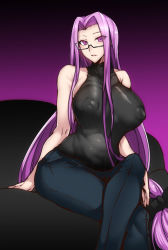 Rule 34 | 1girl, absurdres, bare shoulders, black sweater, breasts, crossed legs, fate/stay night, fate (series), female focus, gggg, glasses, highres, large breasts, long hair, looking at viewer, mature female, medusa (fate), medusa (rider) (fate), purple eyes, purple hair, sleeveless, solo, square pupils, sweater