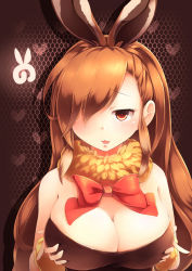Rule 34 | 10s, 1girl, :3, absurdres, animal ears, bare shoulders, blush, bow, bowtie, breast hold, breasts, brown eyes, brown hair, cleavage, commentary request, european hare (kemono friends), fur collar, hair over one eye, highres, japari symbol, kanzakietc, kemono friends, large breasts, long hair, looking at viewer, rabbit ears, red bow, red bowtie, solo, upper body