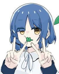 Rule 34 | 1girl, absurdres, birthday, black ribbon, black wrist cuffs, blue hair, bocchi the rock!, collared shirt, commentary, dot nose, double v, eating, english commentary, eyes visible through hair, hair ornament, hair over one eye, hands up, highres, izu (izu 16016), leaf, leaf in mouth, long sleeves, looking at viewer, mole, mole under eye, neck ribbon, parted bangs, ribbon, school uniform, shimokitazawa high school uniform, shirt, short hair, sidelocks, simple background, sketch, solo, v, white background, white shirt, wrist cuffs, yamada ryo, yellow eyes