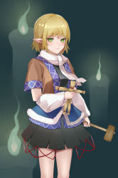 Rule 34 | 1girl, absurdres, black shirt, black skirt, blonde hair, blush, brown jacket, closed mouth, doll, green eyes, hair between eyes, hammer, highres, holding, holding hammer, jacket, koizumo, looking at viewer, mizuhashi parsee, multicolored clothes, multicolored jacket, pleated skirt, pointy ears, shirt, short hair, short sleeves, skirt, solo, touhou, voodoo doll