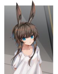 Rule 34 | 1girl, amiya (arknights), animal ears, arknights, blue eyes, brown hair, collarbone, commentary request, highres, long hair, looking at viewer, parted lips, rabbit ears, shirt, short sleeves, solo, spacelongcat, upper body, white shirt