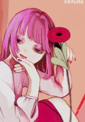 Rule 34 | artist name, commentary request, derivative work, eyeshadow, flower, highres, holding, kapura, long hair, long sleeves, looking at viewer, makeup, nail polish, original, photo-referenced, purple hair, red flower, red nails, shirt, signature, solo, tongue, tongue out, upper body, white shirt