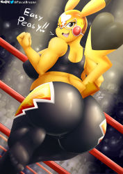 Rule 34 | 1girl, ass, back, bare shoulders, breasts, cameltoe, creatures (company), crop top, crowd, from behind, furry, furry female, game freak, gen 1 pokemon, highres, huge ass, indoors, large breasts, leg up, leggings, looking back, luchador mask, midriff, nintendo, no humans, one eye closed, open mouth, pikachu, plump, pokemon, pokemon (creature), shiny clothes, smile, soles, solo, tail, text focus, viejillox, wink