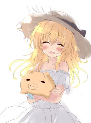 Rule 34 | 1girl, ^ ^, absurdres, alternate costume, bare shoulders, black bow, blonde hair, blue scrunchie, blush, bow, chitose sana, closed eyes, commentary request, cowboy shot, crossed arms, dress, eyes visible through hair, facing viewer, floating hair, hair between eyes, hair down, happy, hat, hat bow, highres, holding, holding stuffed toy, long hair, off-shoulder dress, off shoulder, open mouth, purunyara, round teeth, scrunchie, sidelocks, simple background, sketch, sleeveless, sleeveless dress, smile, solo, stuffed toy, sundress, teeth, tenshinranman, upper teeth only, white background, white dress, white hat, wrist scrunchie