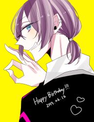 Rule 34 | 1boy, 2015, aoba taiga, black jacket, blue eyes, collared shirt, dated, facing to the side, happy birthday, heart, jacket, long sleeves, looking at viewer, looking back, low ponytail, male focus, medium hair, possession magenta, purple hair, shirt, short ponytail, smile, solo, teeth, unm777, white shirt