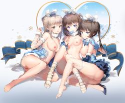 Rule 34 | 3girls, animal ears, anmi, breasts, candy, fake animal ears, food, girl sandwich, heart, heart-shaped lollipop, highres, knees together feet apart, lollipop, medium breasts, multiple girls, nipples, original, plantar flexion, rabbit tail, sandwiched, shaped lollipop, sitting, socks, source request, striped clothes, striped socks, tail, third-party edit