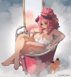 Rule 34 | 1girl, absurdres, artist name, bathing, bathtub, black sclera, borrowed character, breasts, claw foot bathtub, cleavage, colored sclera, convenient censoring, demon girl, demon horns, full body, gold nails, highres, horns, huge breasts, large breasts, crossed legs, long hair, looking at viewer, mirror, nail polish, orange eyes, original, partially submerged, pink hair, pointy ears, ponytail, purple horns, ringlets, rose (chido), sandcasks, slit pupils, smile, soap bubbles, soap censor, solo, thighs, toenails, toes