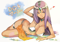 Rule 34 | 1girl, :q, bad id, bad pixiv id, blush, bracelet, breasts, circlet, cleavage, dark-skinned female, dark skin, dragon quest, dragon quest iv, earrings, jewelry, large breasts, loincloth, long hair, lots of jewelry, manya (dq4), pelvic curtain, purple eyes, purple hair, rosary (pixiv), rozario (akai rosario), smile, solo, tongue, tongue out