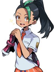Rule 34 | 1girl, :d, black bag, black hair, blush, breast pocket, collared shirt, commentary request, creatures (company), eyelashes, freckles, game freak, gloves, green hair, hands up, highres, hyou (hyouga617), multicolored hair, necktie, nemona (pokemon), nintendo, open mouth, orange eyes, orange necktie, orange shorts, own hands together, pocket, pokemon, pokemon sv, ponytail, shirt, short sleeves, shorts, single glove, smile, solo, sparkle, teeth, tongue, two-tone hair, upper teeth only, white shirt