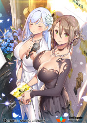 Rule 34 | 2girls, black dress, black flower, blue flower, blue hair, breasts, brown hair, cleavage, closed eyes, closed mouth, copyright name, detached sleeves, dress, flower, glint, green eyes, hair flower, hair ornament, holding, huge breasts, jewelry, large breasts, lily (flower), looking at viewer, microphone, multiple girls, necklace, original, petals, pointy ears, popqn, qurare magic library, smile, standing, watermark, white dress, white flower
