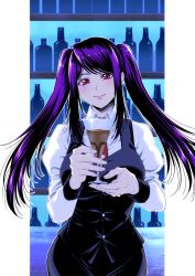 Rule 34 | 1girl, an&#039;no natsume, bar (place), bartender, blush, cocktail, cocktail glass, cup, drinking glass, highres, jill stingray, long hair, looking at viewer, purple hair, red eyes, smile, solo, twintails, va-11 hall-a, white day