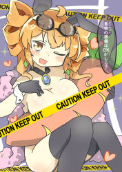 Rule 34 | 1girl, animal ears, blush, breasts, censored, cleavage, commentary request, drill hair, eyewear on head, glasses, jewelry, large breasts, looking at viewer, matsu kitsune, one eye closed, open mouth, orange eyes, rabbit ears, shiny skin, solo, thighhighs, thighs, touhou, translation request, twin drills, yorigami jo&#039;on