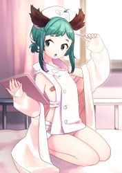 Rule 34 | 1girl, absurdres, ahoge, alternate hairstyle, animal ears, arm up, bandaid, bandaids on nipples, bare shoulders, bed, clipboard, commentary request, curtains, green eyes, green hair, hat, heart, heart print, highres, holding, holding clipboard, indoors, jacket, kasodani kyouko, long sleeves, looking at viewer, low ponytail, namauni, nurse cap, open clothes, open jacket, open mouth, pasties, railing, seiza, shadow, short hair, short ponytail, short shorts, shorts, sidelocks, sitting, sleeves past wrists, solo, tabard, thick eyebrows, thighs, touhou, white jacket, white shorts, window