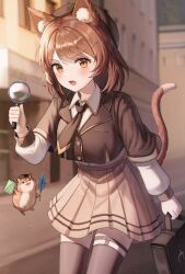 Rule 34 | 1girl, absurdres, animal ear fluff, animal ears, bag, beret, black thighhighs, blurry, blurry background, blush, brown eyes, brown hair, brown tail, cat ears, cat girl, cat tail, cowboy shot, detective, fang, hair ornament, hamster, hat, highres, holding, holding bag, holding magnifying glass, holding notepad, holding pen, looking at viewer, magnifying glass, monjja, necktie, notepad, open mouth, original, pen, pleated skirt, quill, short hair, short necktie, skirt, solo, tail, thighhighs, x hair ornament, zettai ryouiki