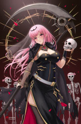 Rule 34 | 1girl, belt, black choker, black cloak, black dress, black nails, black thighhighs, black veil, breasts, brooch, choker, cleavage, cloak, commentary, dress, english commentary, falling petals, floating hair, gold trim, head tilt, highres, holding, holding scythe, holding skull, hololive, hololive english, jewelry, large breasts, long hair, looking at viewer, mori calliope, nail polish, parted lips, petals, pink eyes, pink hair, ryuuneart, scythe, see-through, see-through sleeves, side slit, skeleton, skull, spikes, straight hair, thighhighs, tiara, two-sided dress, two-sided fabric, veil, virtual youtuber, white belt