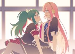 Rule 34 | 2girls, blue eyes, blush, breasts, finger to another&#039;s mouth, green hair, hatsune miku, headphones, leo/need luka, leo/need miku, long hair, looking at another, medium breasts, megurine luka, multicolored hair, multiple girls, pantyhose, pink hair, project sekai, ribbon, sinaooo, skirt, twintails, two-tone hair, vocaloid, yuri
