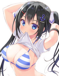 Rule 34 | 1girl, anchor hair ornament, arms up, bikini, black hair, blue eyes, breasts, cleavage, clothes in mouth, clothes lift, hair ornament, hair ribbon, halterneck, large breasts, long hair, looking at viewer, mouth hold, original, ribbon, ryouka (suzuya), shirt, shirt in mouth, shirt lift, simple background, solo, string bikini, striped bikini, striped clothes, swimsuit, twintails, upper body, white background, white shirt